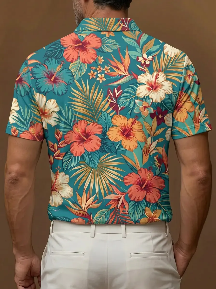 Teal Tropical Hibiscus Floral Print Short Sleeve Golf Polo Shirt