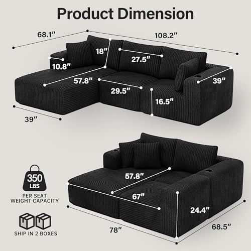 DURASPACE 108'' Modular Sectional Sofa, Cloud Boneless Couch with Deep Seat, Cup Holder, Memory Foam, Corduroy L Shaped Couch for Living Room Bedroom, No Assembly Required