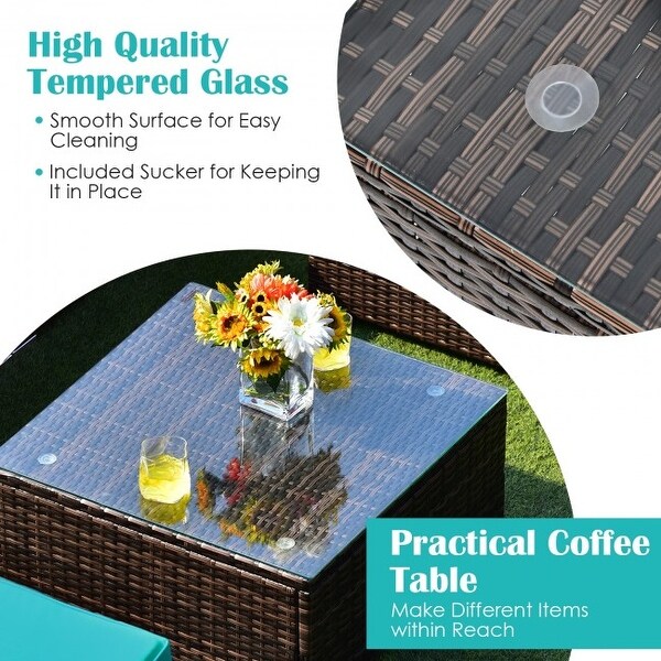 6 Pieces Patio Rattan Furniture Set with Cushions and Glass Coffee Table