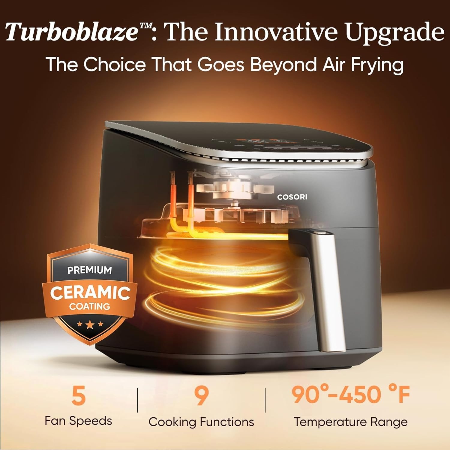 6.0QT Air Fryer 10-in-1, 5-Speed Airflow, 90-450°F Temp Control, Quiet Operation