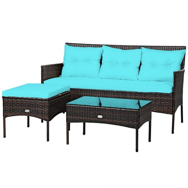 Costway 3PCS Patio Rattan Furniture Set 3Seat Sofa Cushioned Table