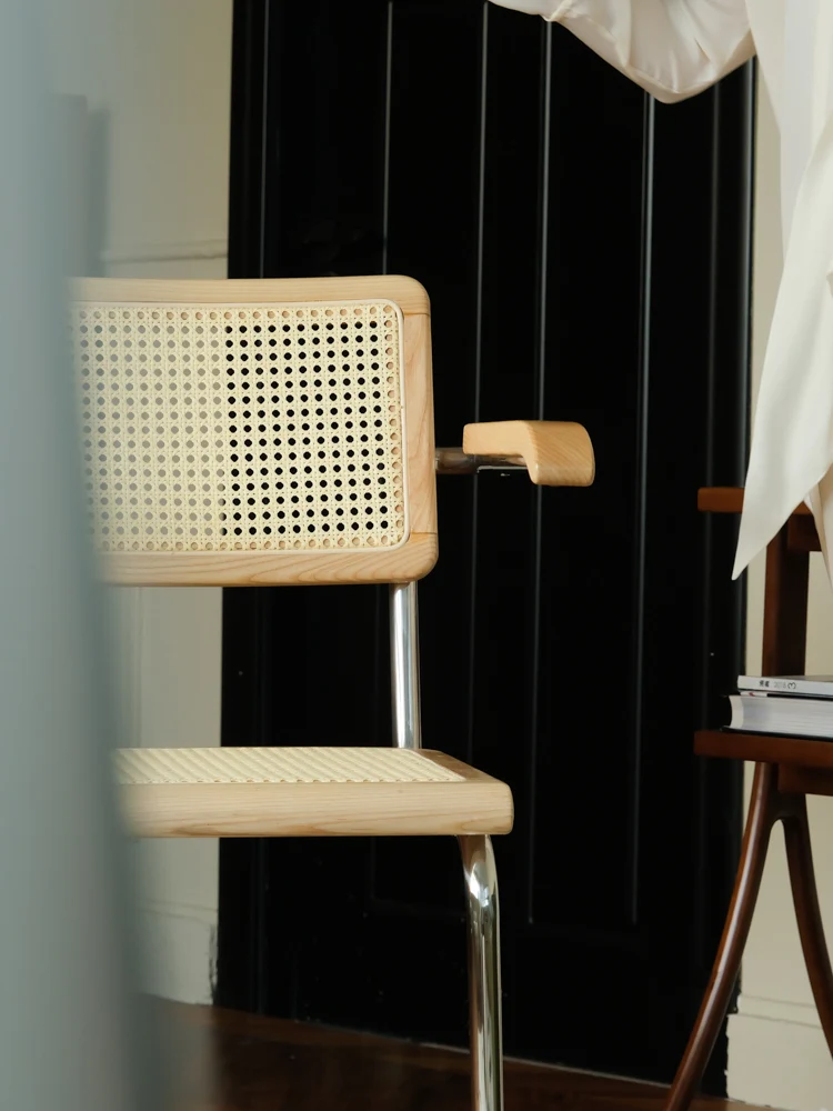CH048 - Bauhaus Vintage Armchair Handmade Rattan White Waxwood Solid Wood Dining Chair Work Chair Leisure Chair