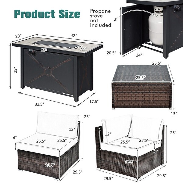 Gymax 7PCS Patio Rattan Furniture Set Fire Pit Table Cover Cushion