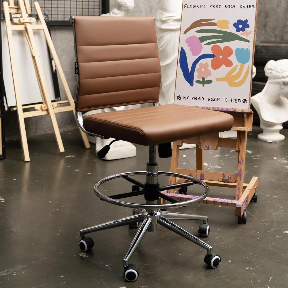 Okeysen Armless Desk Stool Drafting Chair Ergonomic Leather Office Chair Modern Standing Desk Chair with Adjustable Foot Ring, Ribbed Mid Back & Swivel Rolling, Brown