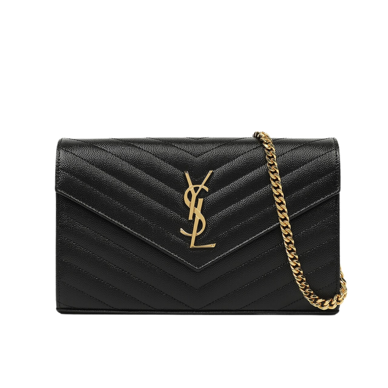 Saint Laurent Cassandre Matelasse Chain Wallet In Grain De Poudre Embossed Black Gold 22Cm 377828 Bow01 1000