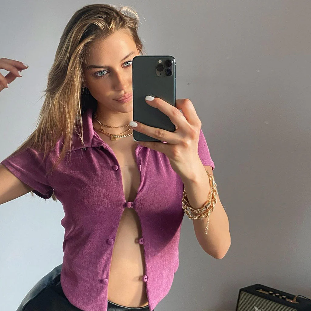 Cropped Button-Up Top | Point Collar Short SleeveClistos