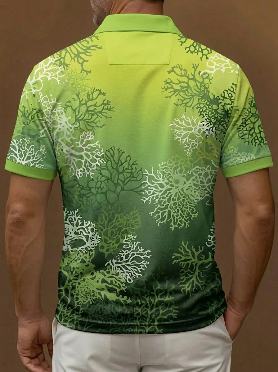 Green Gradient Coral Reef Print Short Sleeve Golf Polo Shirt
