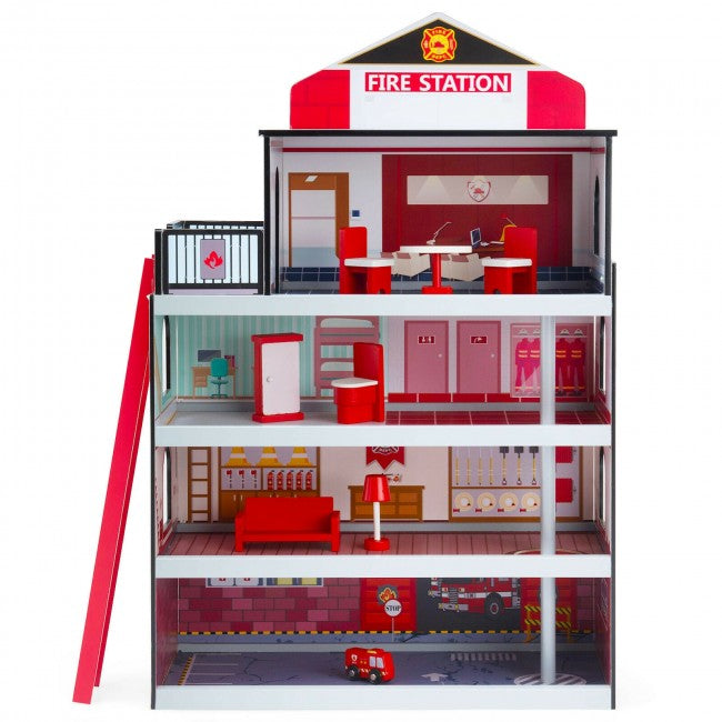 Wooden Fire Station Dollhouse Playset with Truck and Helicopter