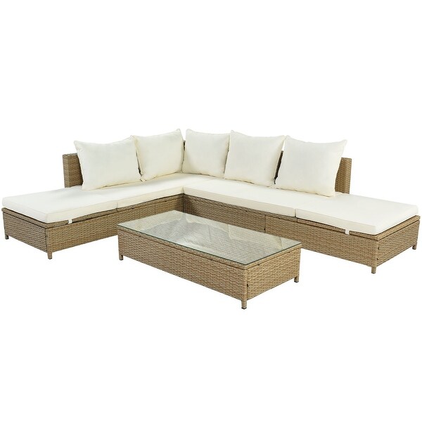 Patio 3Piece Rattan Sofa Set PE Wicker Sectional Set with Adjustable Chaise Lounge Frame and Tempered Glass Table