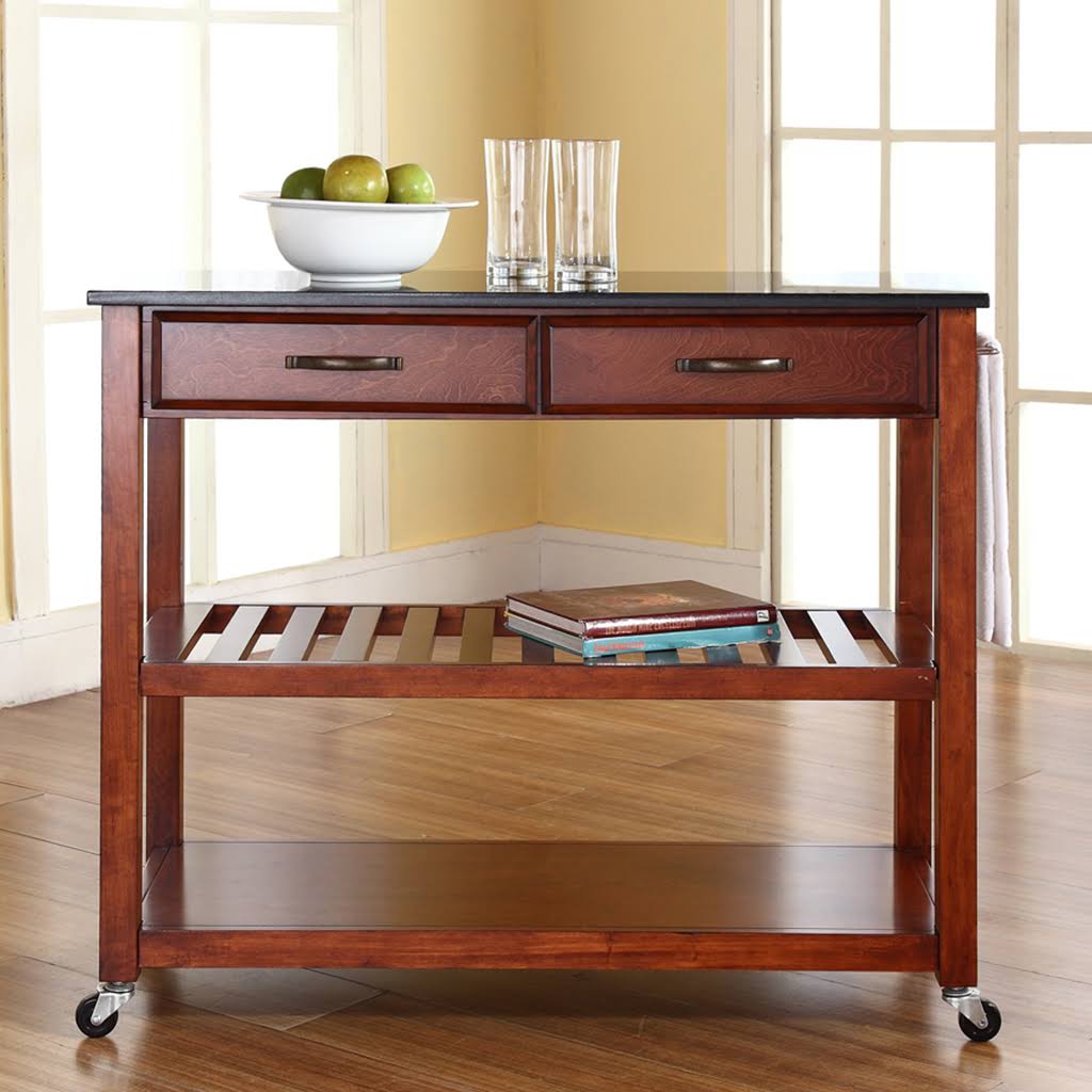 Solid Black Granite Top Kitchen Cart/Island with Optional Stool Storage - Crosley - Cherry
