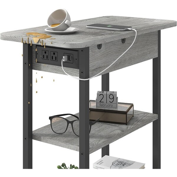 Set of 2 Flip Top Narrow Side Table,Nightstands,End Tables Light Grey