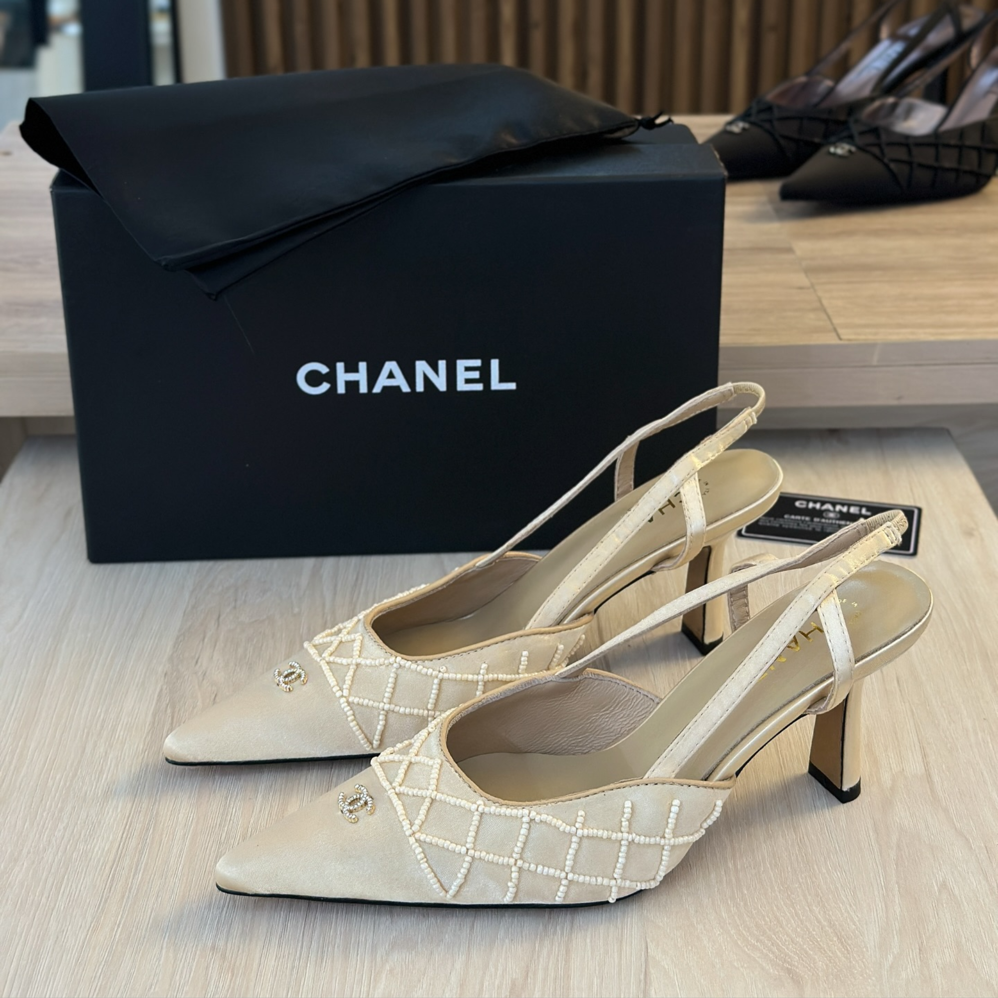 Chanel Pearl Lattice Slingback Heels