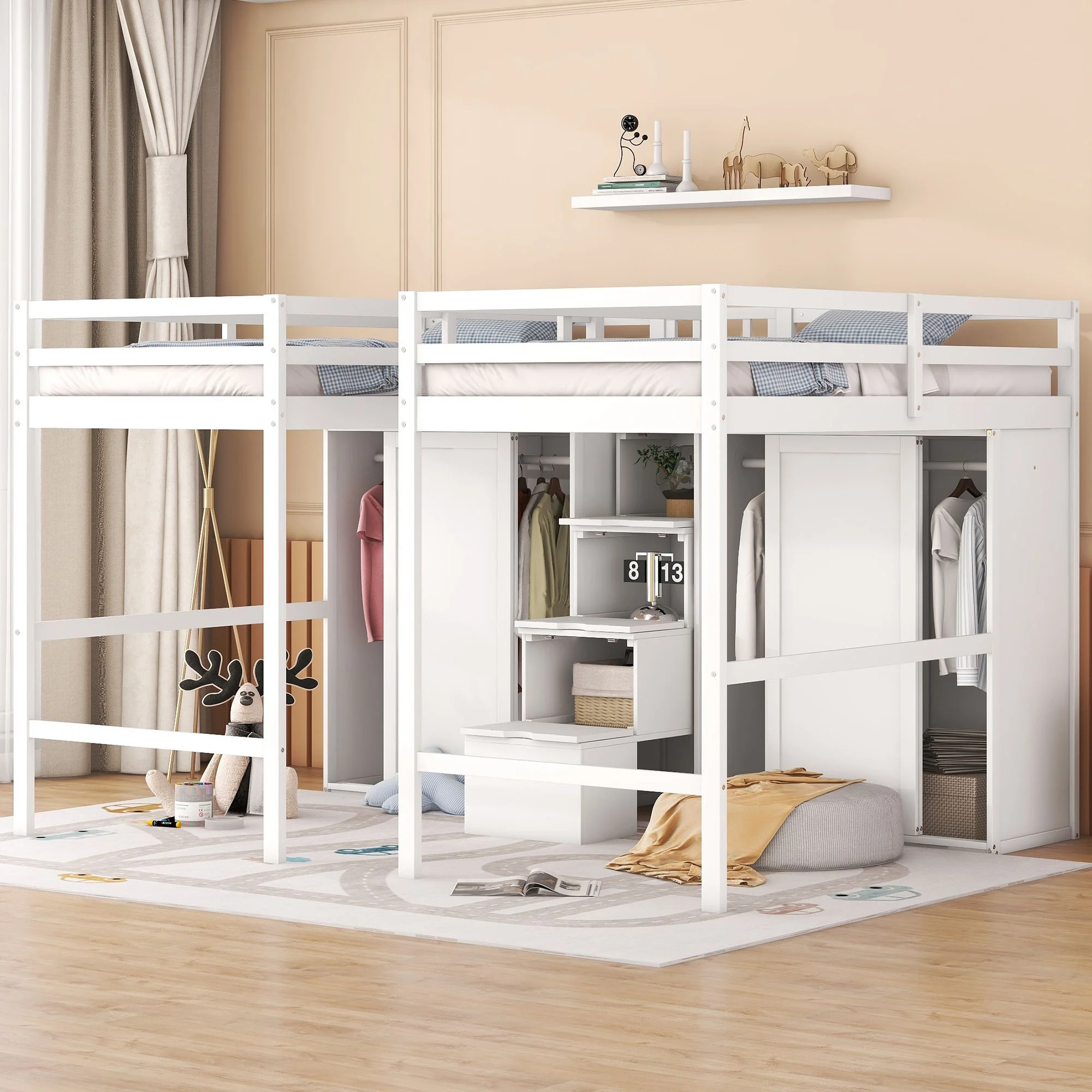 Double Twin Loft Bed, Solid Wood Loft Bed with Wardrobes and Staircase, Modern Storage Loft Bed with Storage Stairs and Shelves for Boys Girls Teens, Space Saving