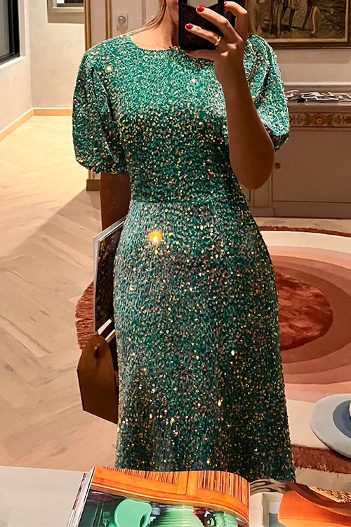 Sequin Midi Party Dress Puff SleeveClistos