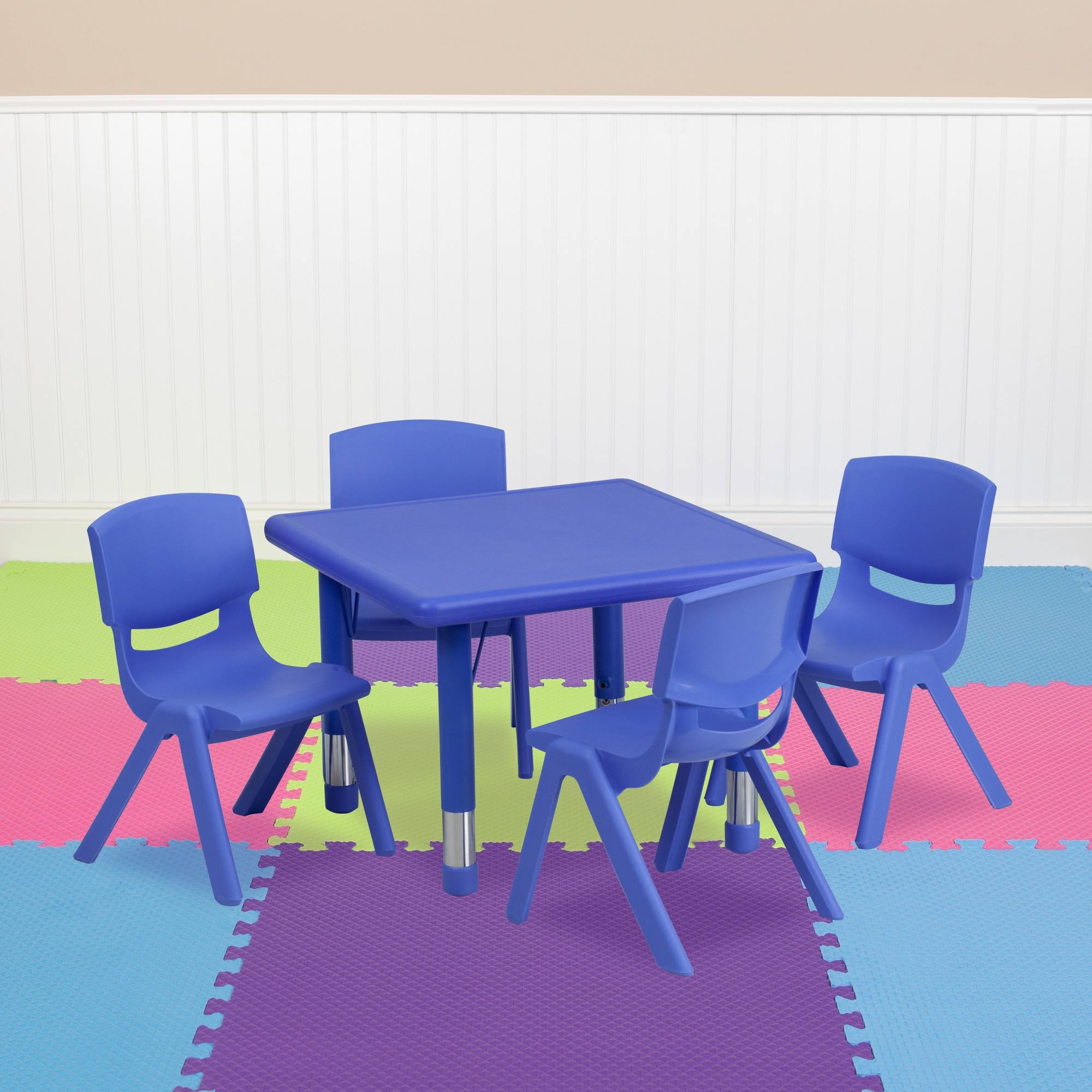 Flash Furniture Square Adjustable Plastic Activity Table Set with 4 School Stack Chairs, Blue