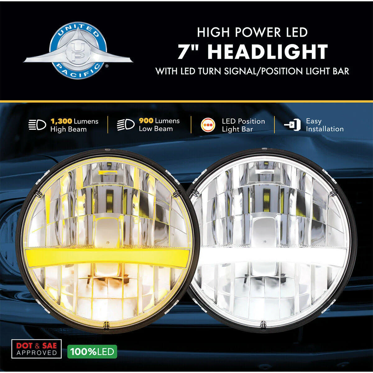 United Pacific 31458 7 inch High Power LED Headlight with Turn Signal u0026 Amber Position Light Bar