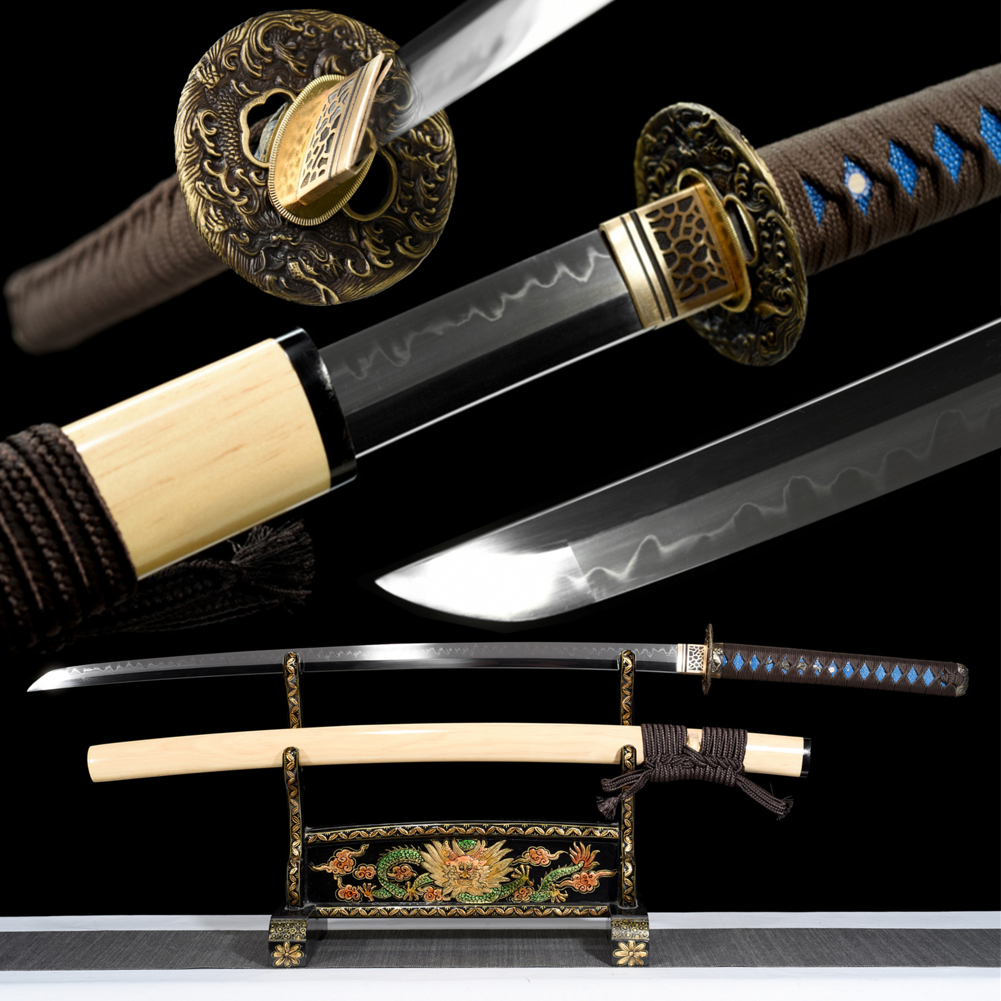 T10 Clay Tempered Katana – Natural Wood Saya, Full Tang