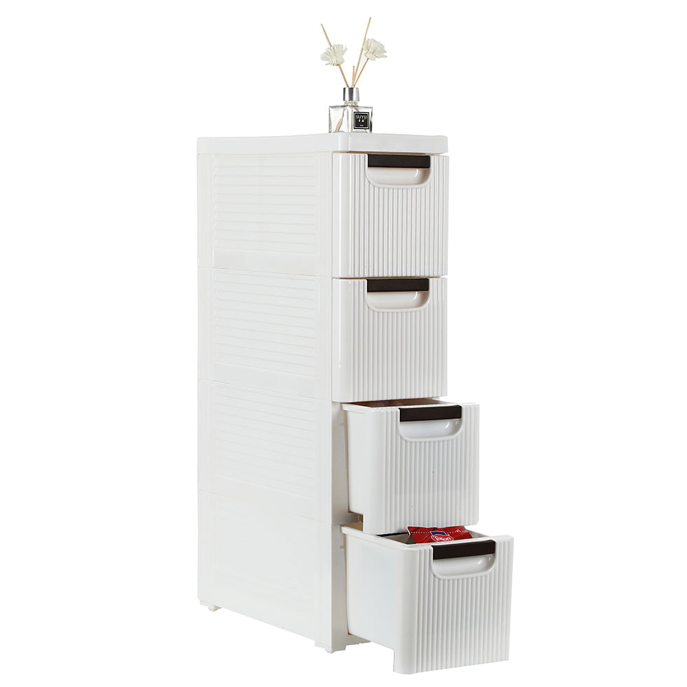 4-Tier Storage Drawers with Wheels, BTMWAY Plastic Rolling Cart with Drawers, Narrow Bathroom Freestanding Storage Cabinet Organizer Unit, Storage Organization Bins for Bedroom, A661