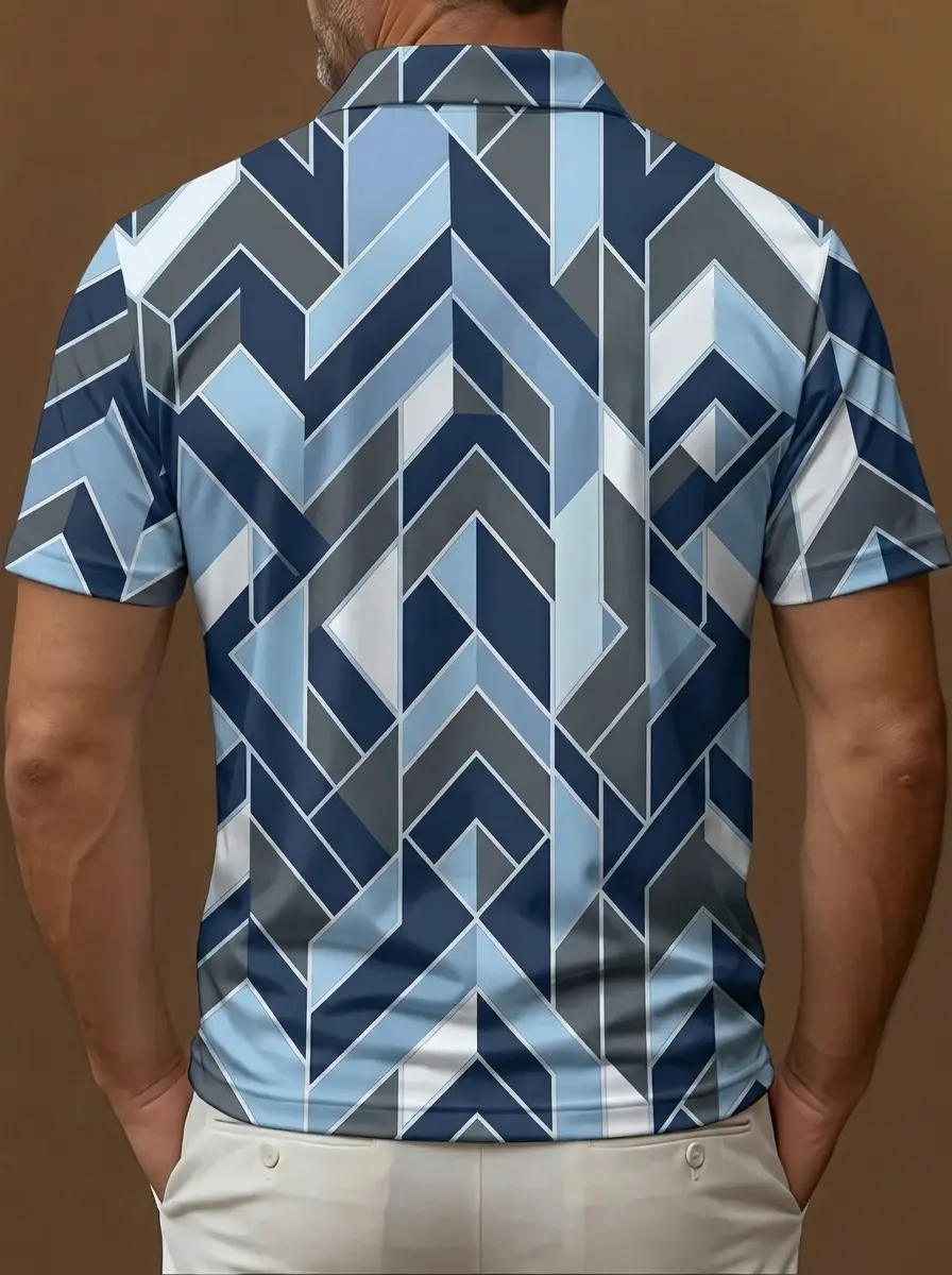 Blue Grey Geometric Chevron Print Short Sleeve Golf Polo Shirt