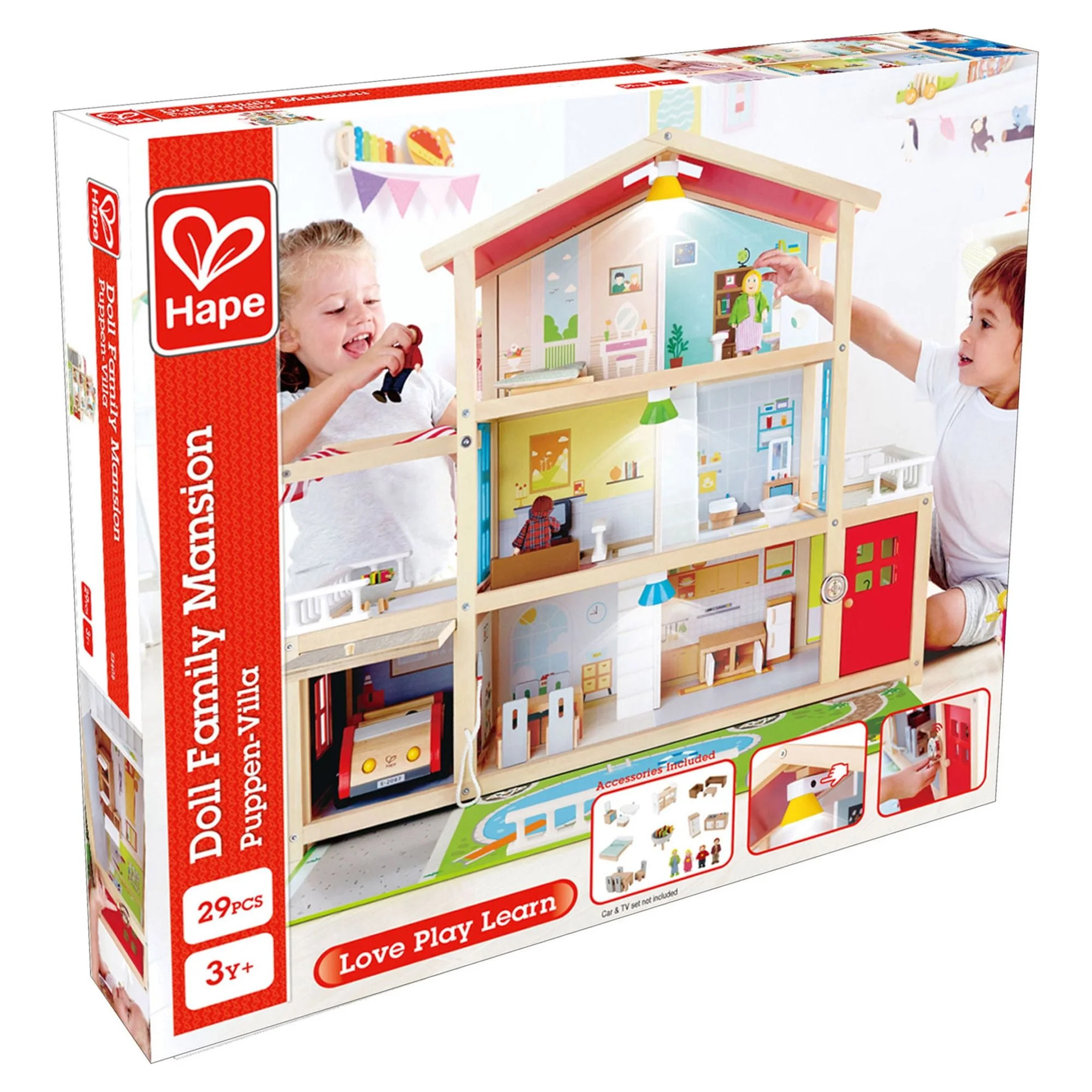 Hape Family Mansion Kid's Wood Dollhouse with LED Lights, Product Height 28.43 in