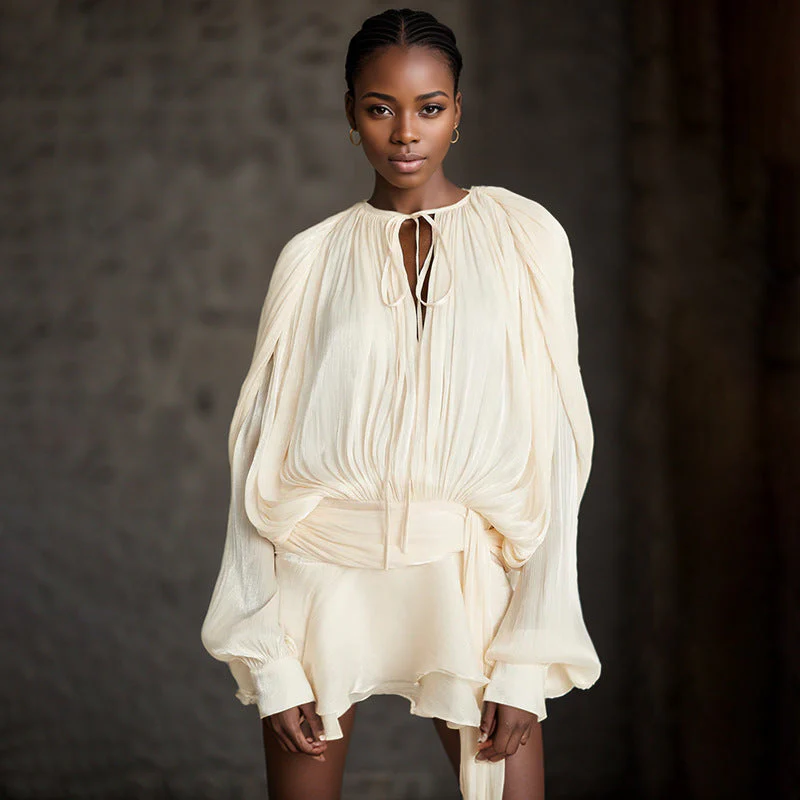 Sheer Metallic A-Line Dress with Tie NeckClistos