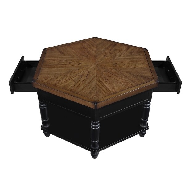 Roomfitters 2 Tier Retro Hexagon Living Room Solid Wood Coffee Table with Shelf and Drawer