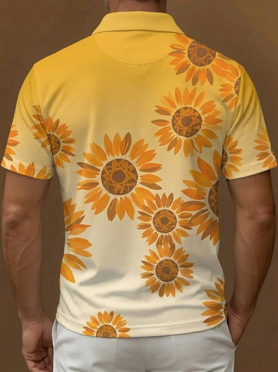 Yellow White Gradient Sunflower Print Short Sleeve Golf Polo Shirt