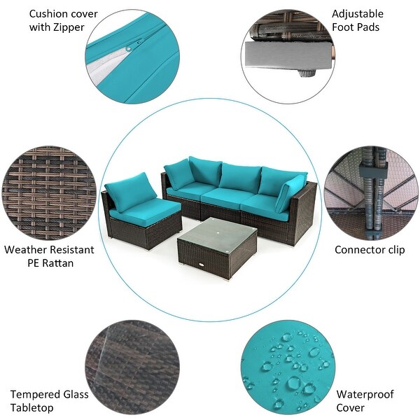Costway 5PCS Patio Rattan Furniture Set Cushioned Sofa and Chair Coffee