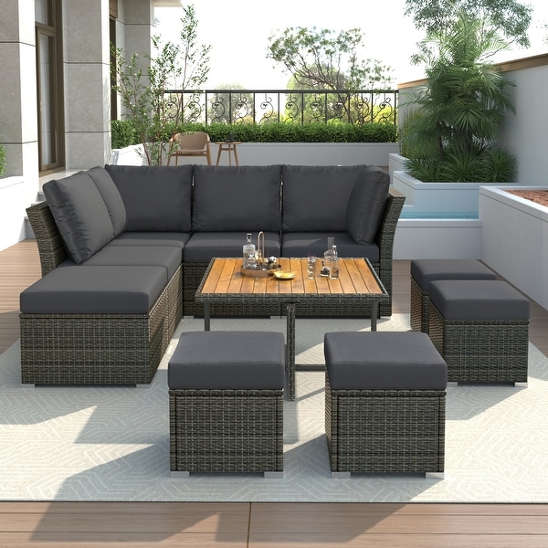 9 Piece Outdoor Conversation Set,CoffeeTable with Ottomans,Grey