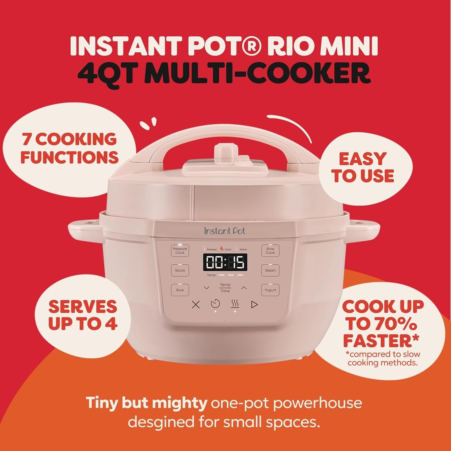 Mini 7-in-1 Multi-Cooker, Pressure Cooker, Slow cook, Sauté, Steam, Rice Maker, Yogurt, & Warmer, Rosewater, 4 Quarts