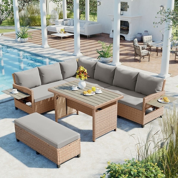 5Piece Outdoor Patio Rattan Sofa Set,Sectional PE Wicker LShaped Garden Furniture Set with 2 Extendable Side Tables