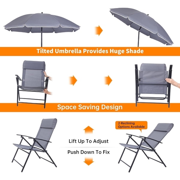 4 Piece Patio Dining Set,Garden Furniture Bistro Set with Tilted Removable Umbrella,2 Folding Chairs,Round Glass Table (Grey)