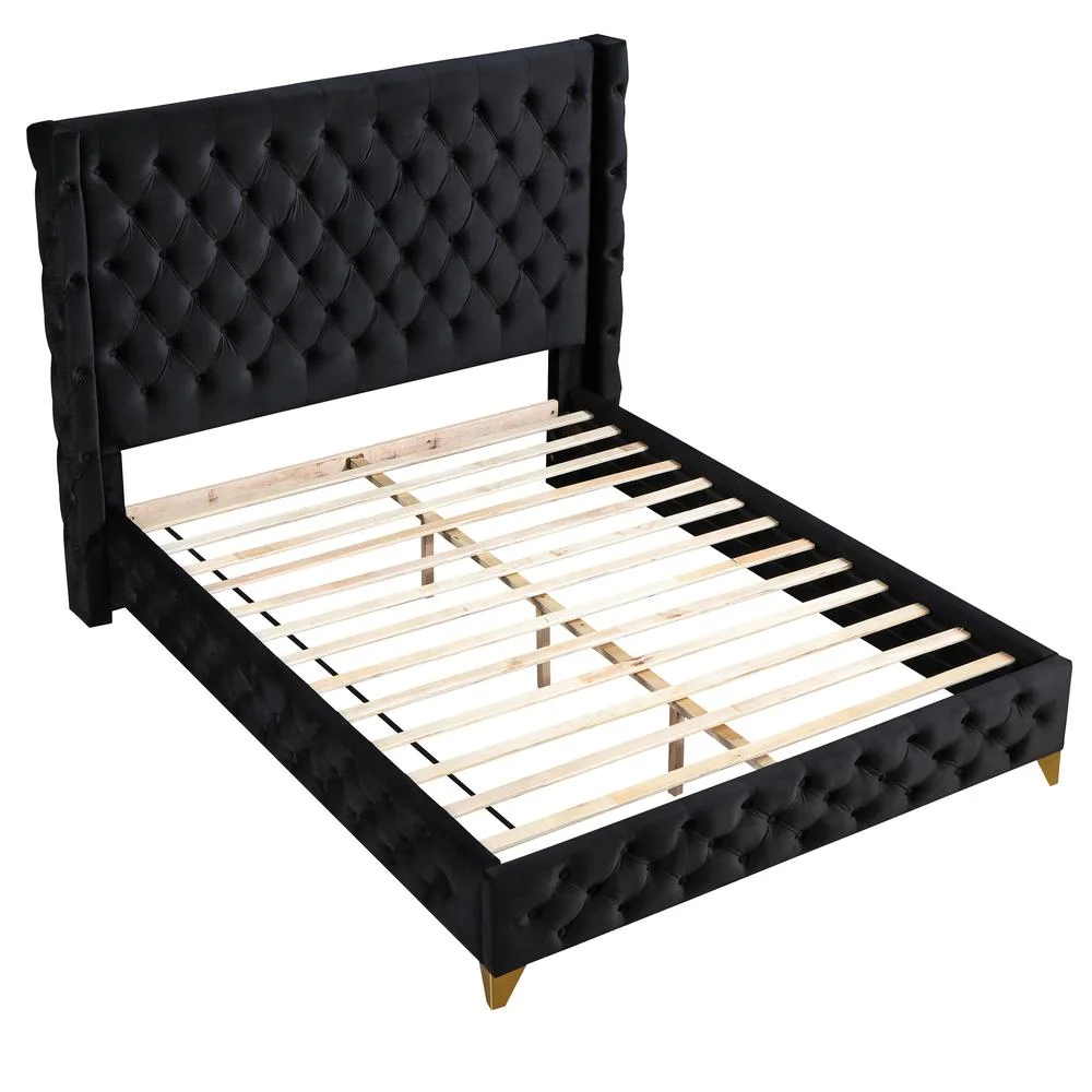 Best Master Wood Frame King Platform Bed with Tufted Velvet Upholstery in Black