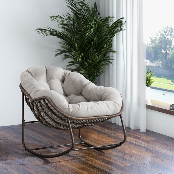 Oversized Papasan Chairs Curved Rocking Chair Patio Deep Seating Rattan Rocker Recliner with Padded Cushion for Outdoor