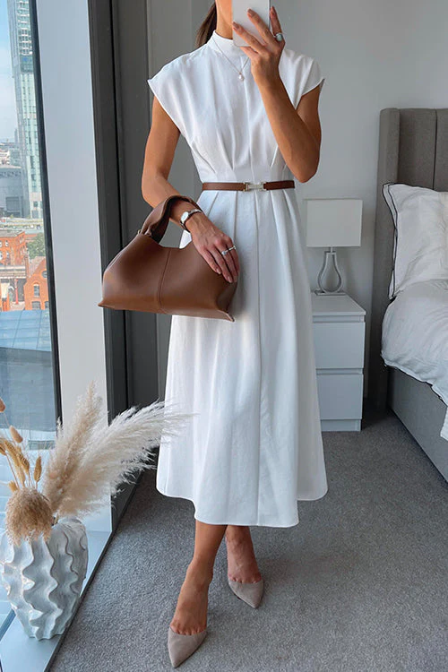 Waisted Mock Neck Midi Dress with Cap SleevesClistos