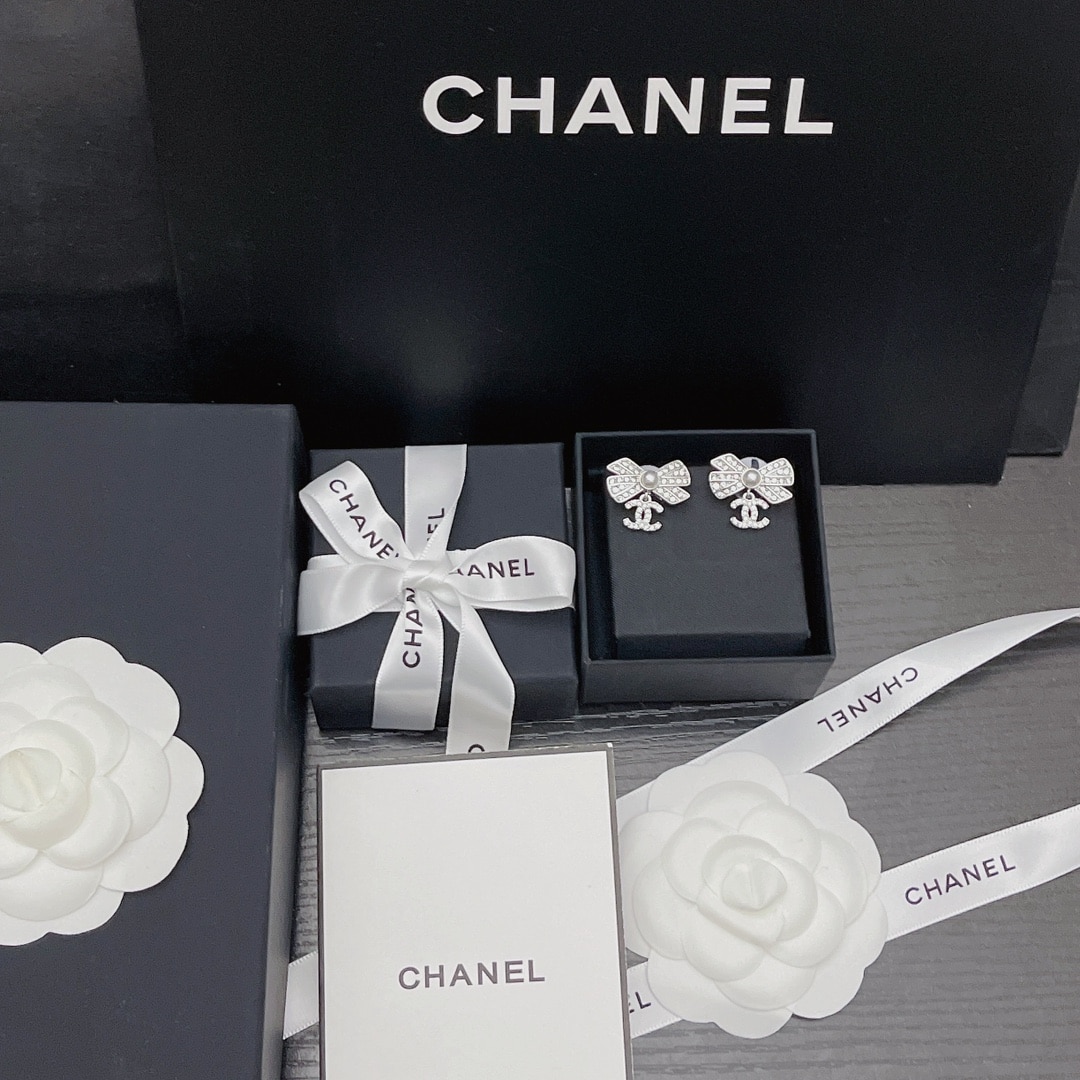 Chanel Crystal Cc Bow Drop Earrings Silver