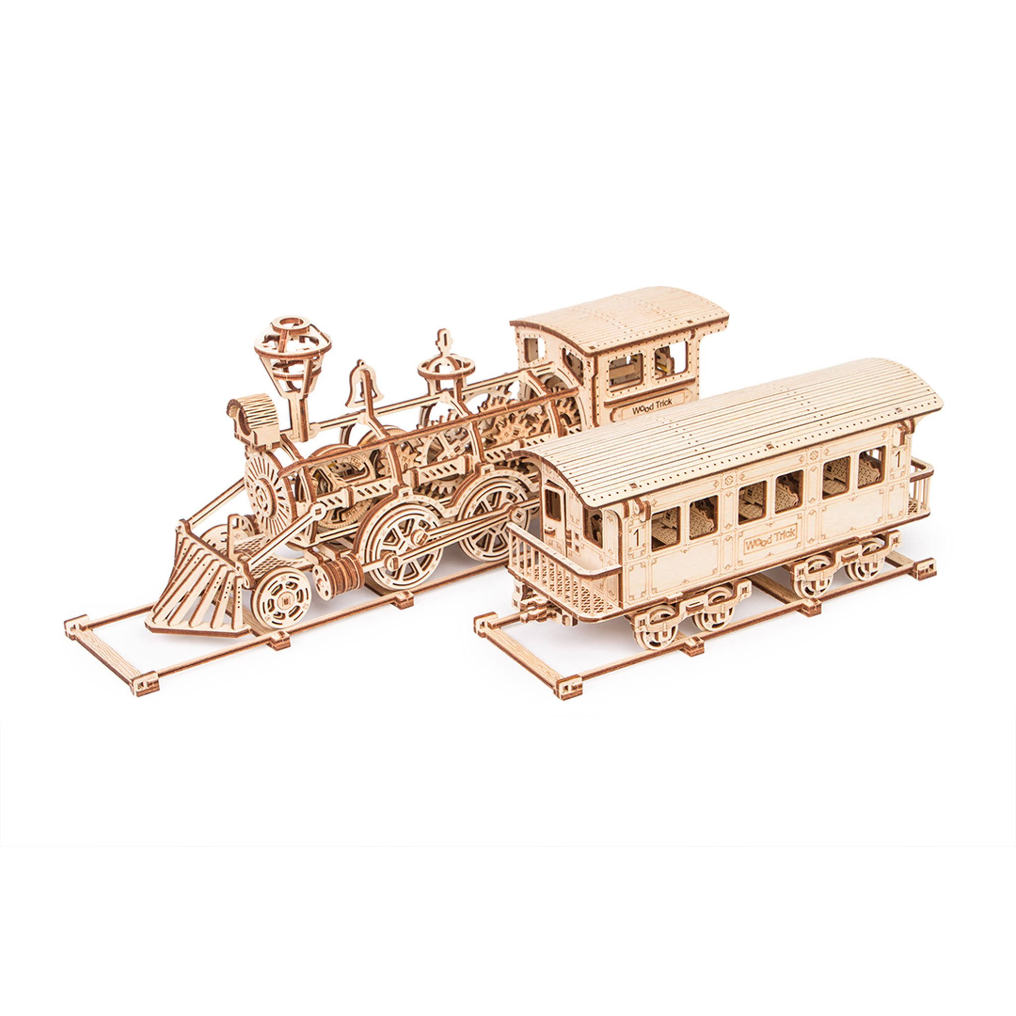 Wood Trick Wooden Toy Train Set with Railway - 34x7â€³ - Locomotive Train Toy Mechanical Model Kit - 3D Wooden Puzzle, Brain