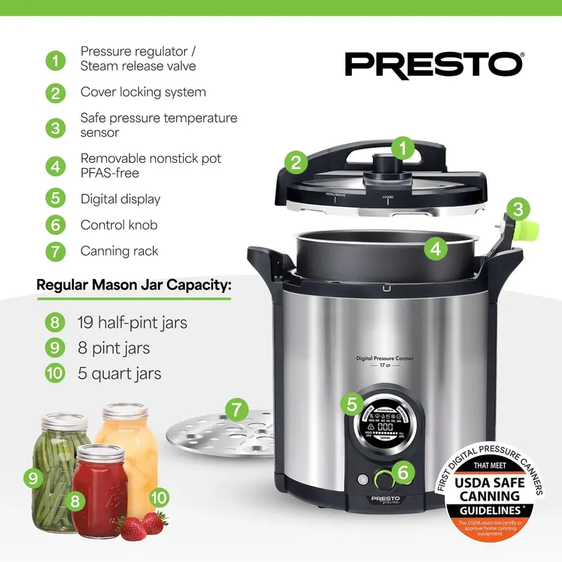 Presto Precise 17-Quart Stainless Steel Electric Pressure Canner – Model 02152, Silver