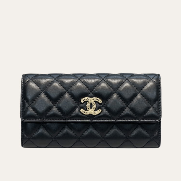 Chanel Quilted Long Flap Wallet Black 7.7 Inches