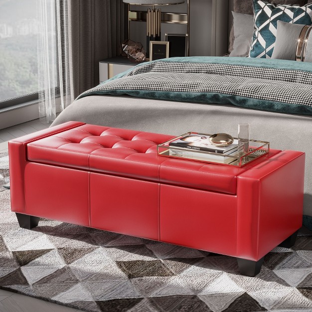 Faux Leather Rectangular Tufted Storage Ottoman Bright Red