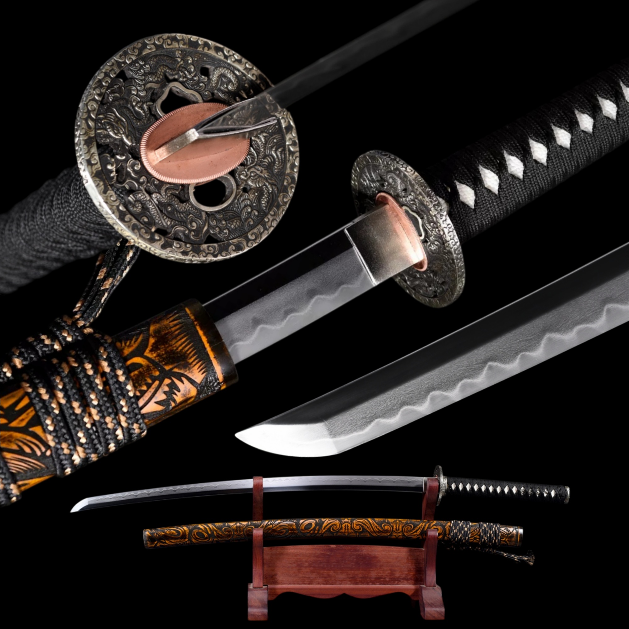 Handmade Japanese Katana Wootz Steel Clay Tempered Dragon Tsuba Full Tang