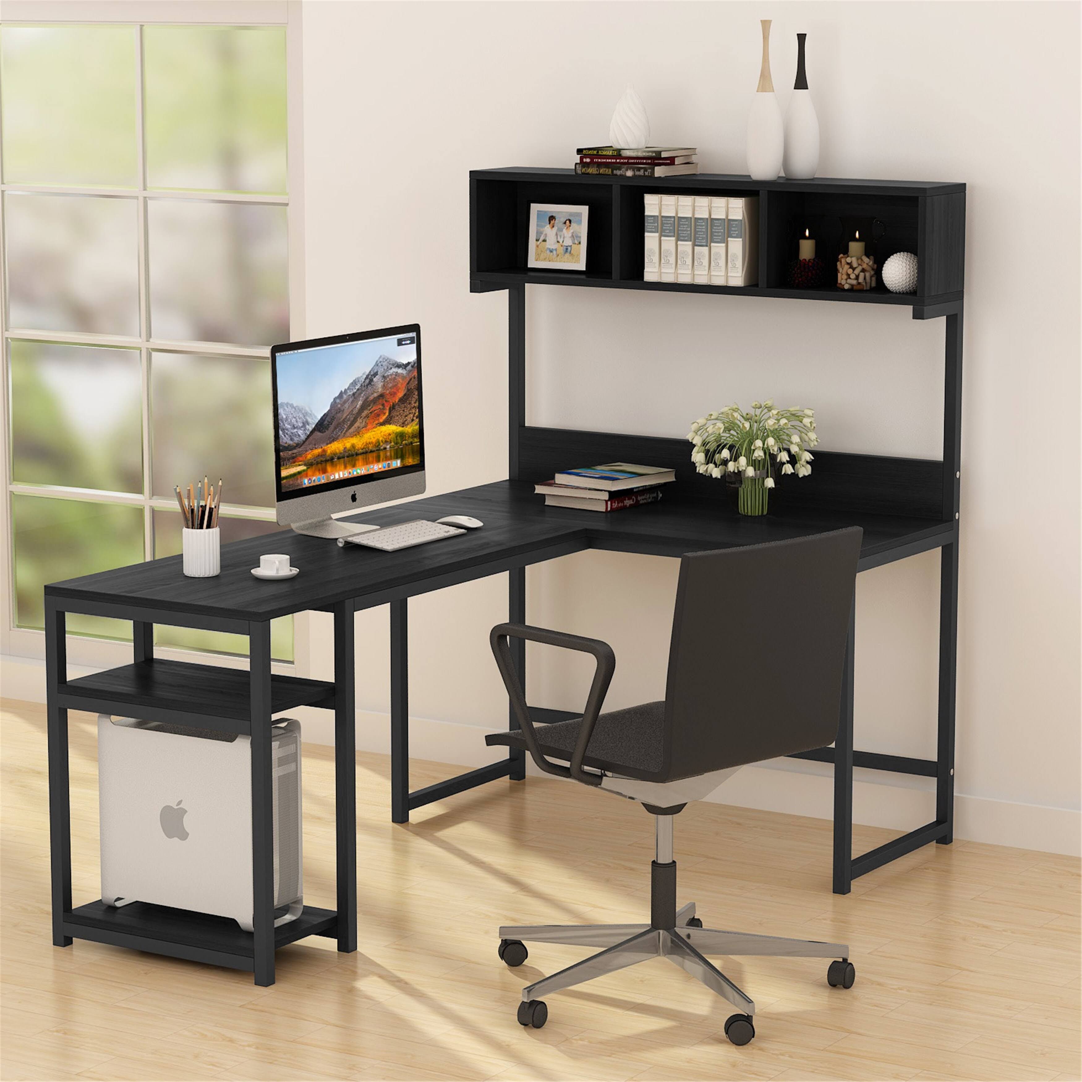 LShaped Computer Desk with Hutch Shelves, Writing Desk - Brown