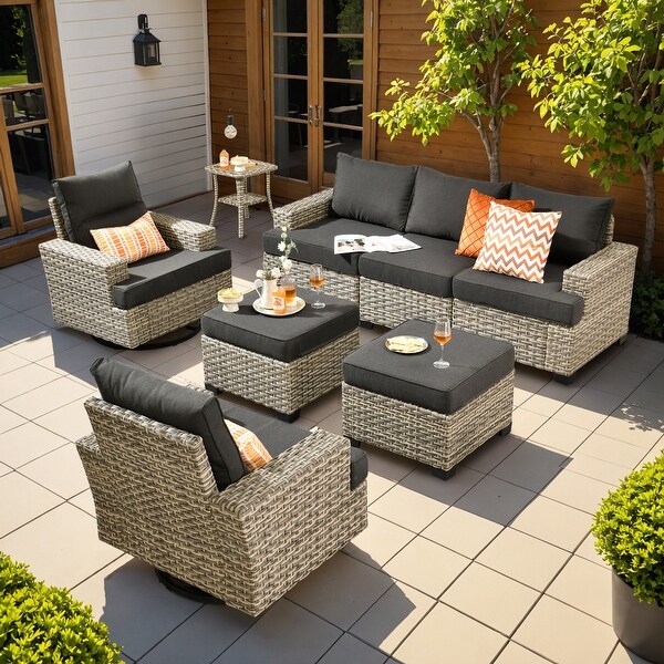 OVIOS 8 Pieces T shaped Seat Wide Armrest Swivel Chair Set With Ottoman