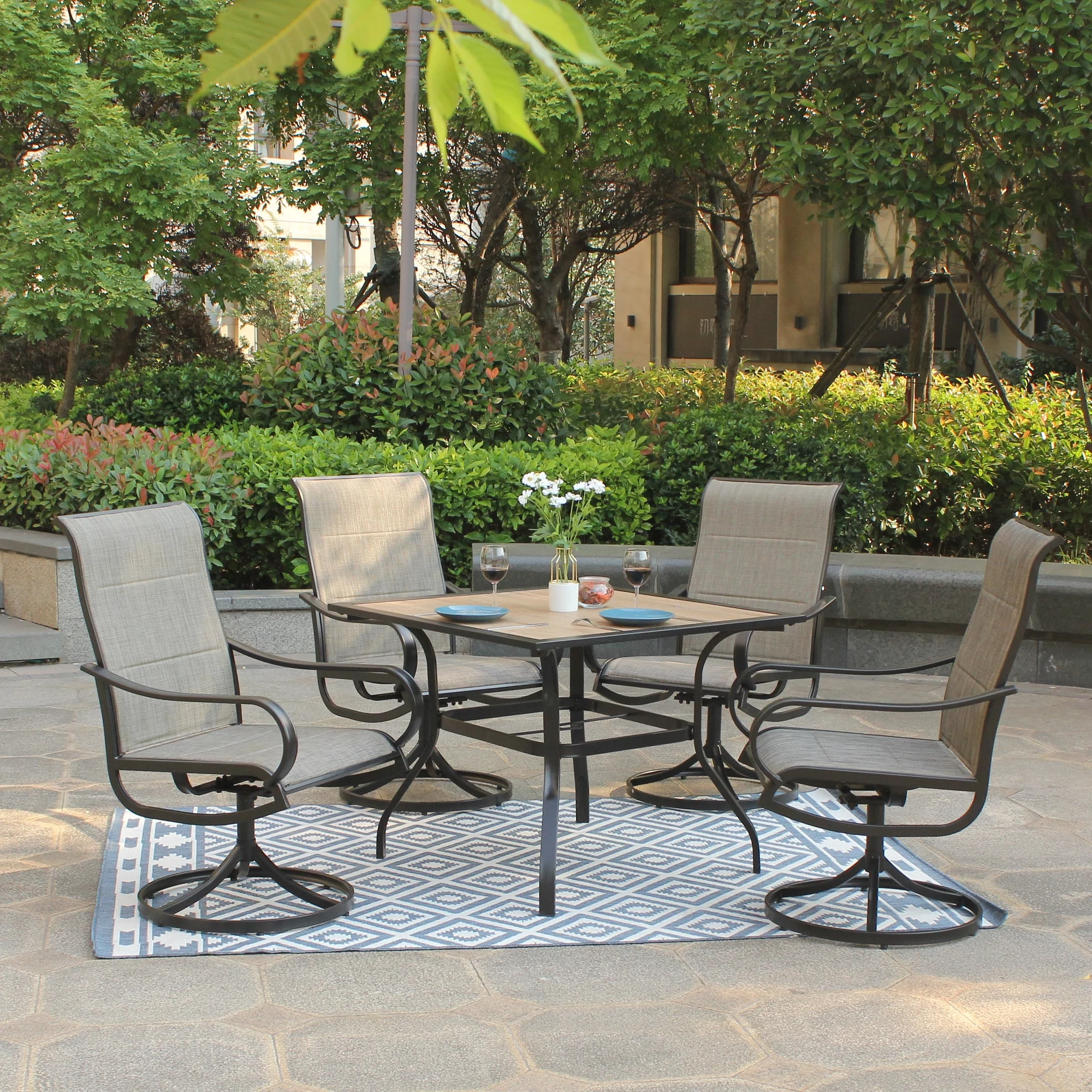 BigRoof Patio Swivel Dining Chairs Set of 2 Outdoor Kitchen Garden Metal Chair with Textilene Mesh Fabric, Patio Furniture Gentle Rocker Chair, Black Frame
