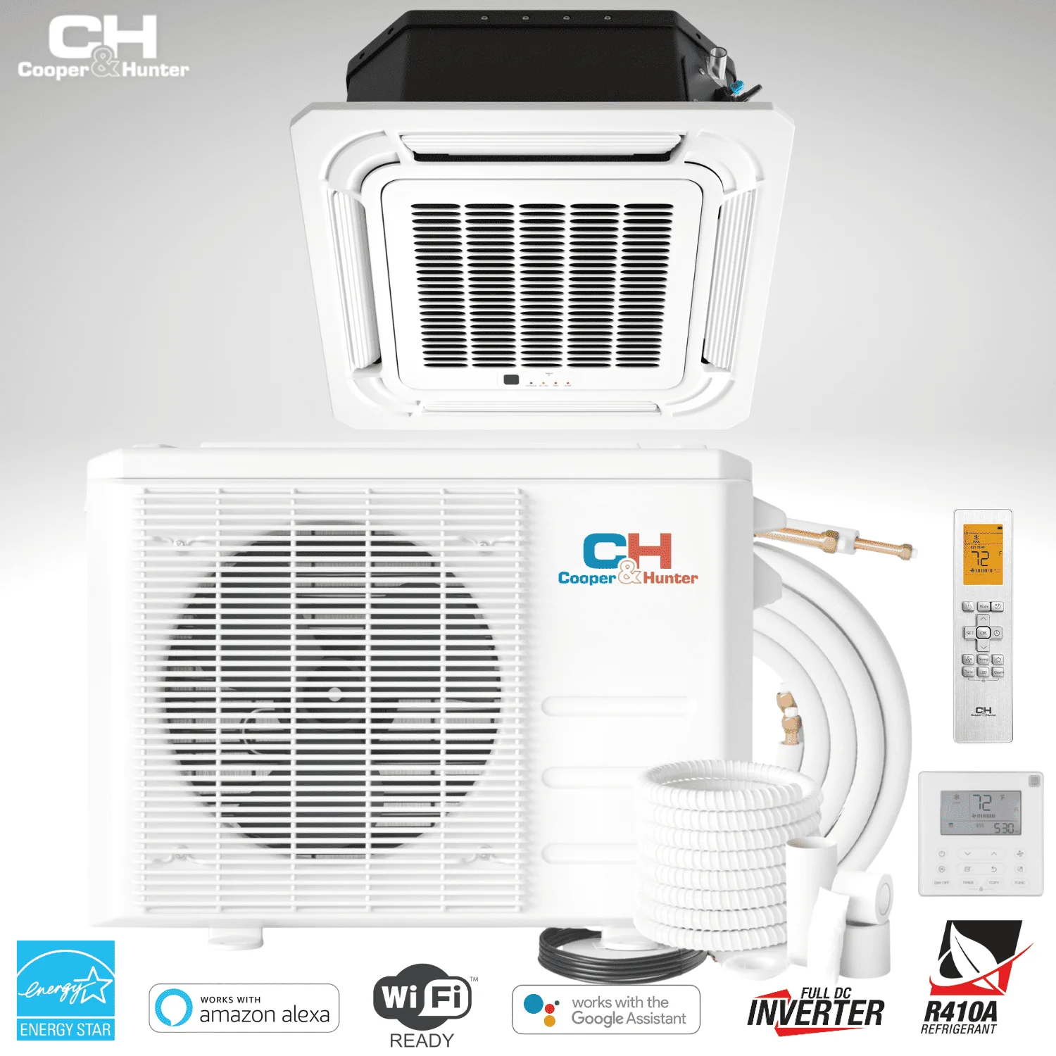 Cooper & Hunter 24000 BTU 230V Ceiling Cassette Mini Split Heat Pump Air Conditioner With 16ft Kit Cover 1500 Sq Ft