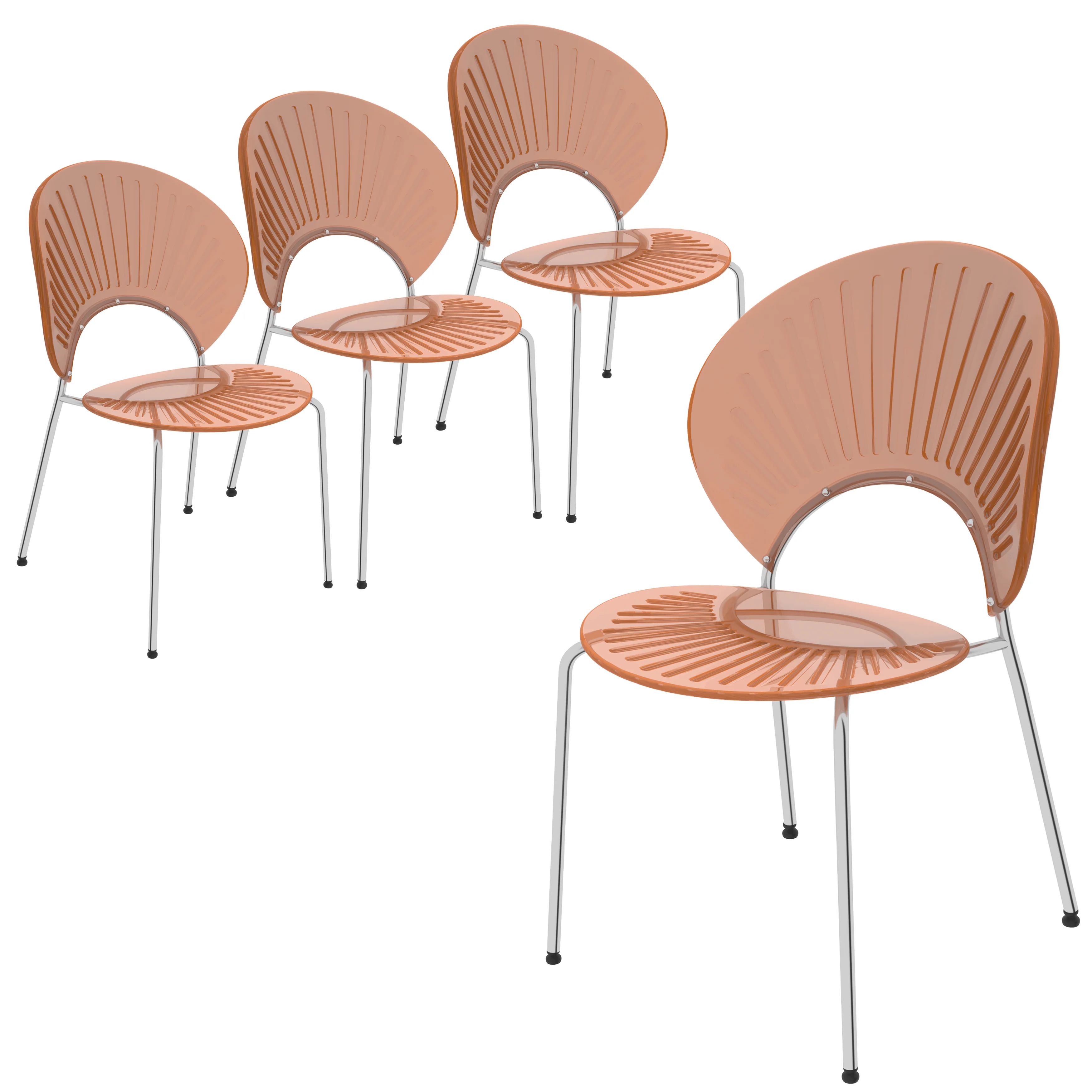 LeisureMod Opulent Mid-Century Modern Plastic Dining Chair in Chrome Metal Legs Armless Dining Side Chair for Kitchen and Dining Room Set of 4, Amber