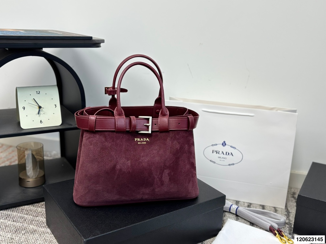 Prada Buckle Suede Handbag - cnluxepick