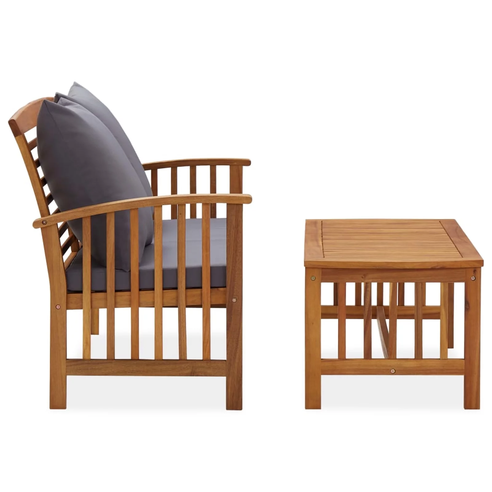 moobody 2 Piece Wooden Outdoor Conversation Set Garden Bench with Gray Cushion and Patio Side Table Sectional Sofa Set Acacia Wood for Patio, Backyard, Balcony Terrace Furniture