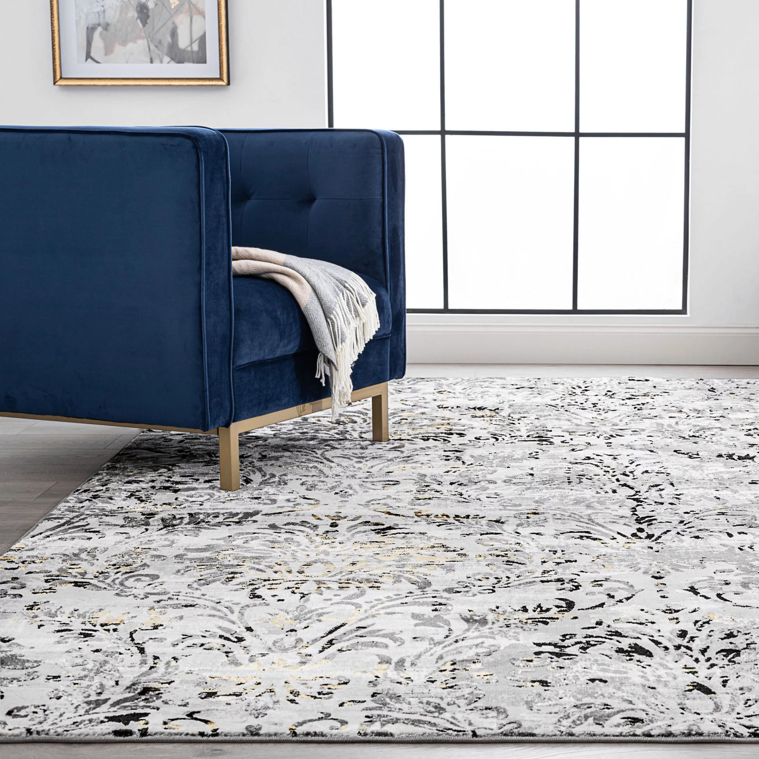 Transitional 5x7 Area Rug (5'3'' x 7'3'') Damask Yellow, Gray Living Room Easy to Clean