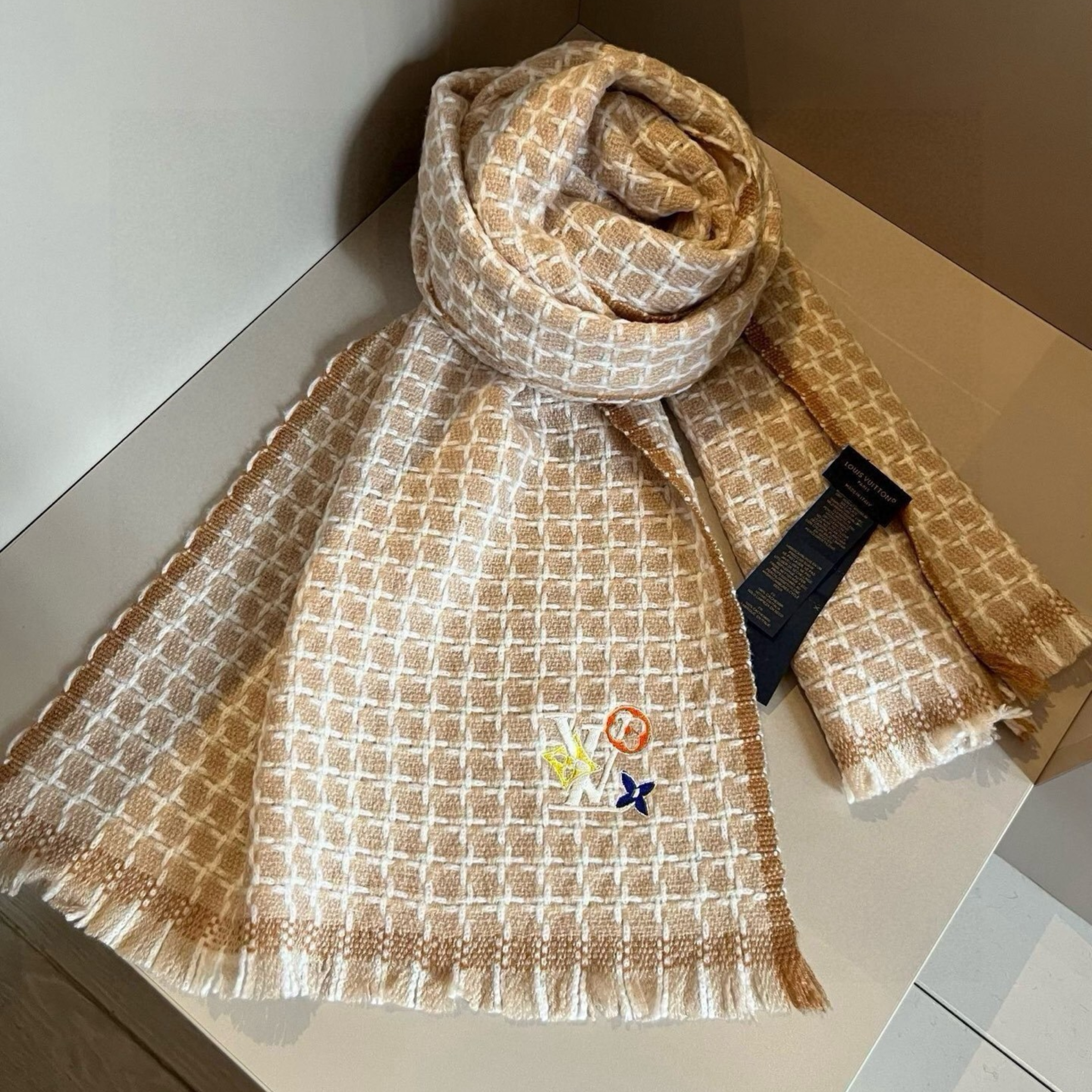 Louis Vuitton Damier Check Cashmere Scarf Beige For Women 190cm
